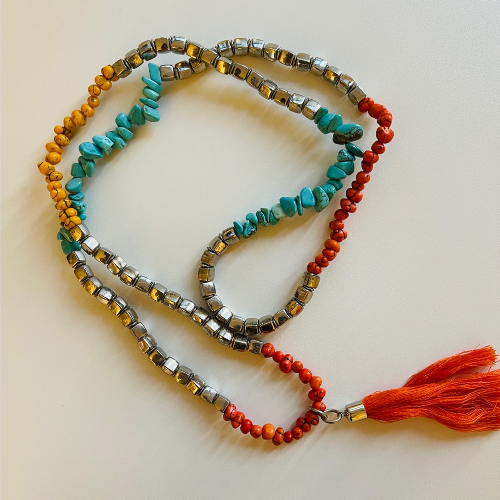 BoHo Long Beaded Necklace w Tassle. 41” Long